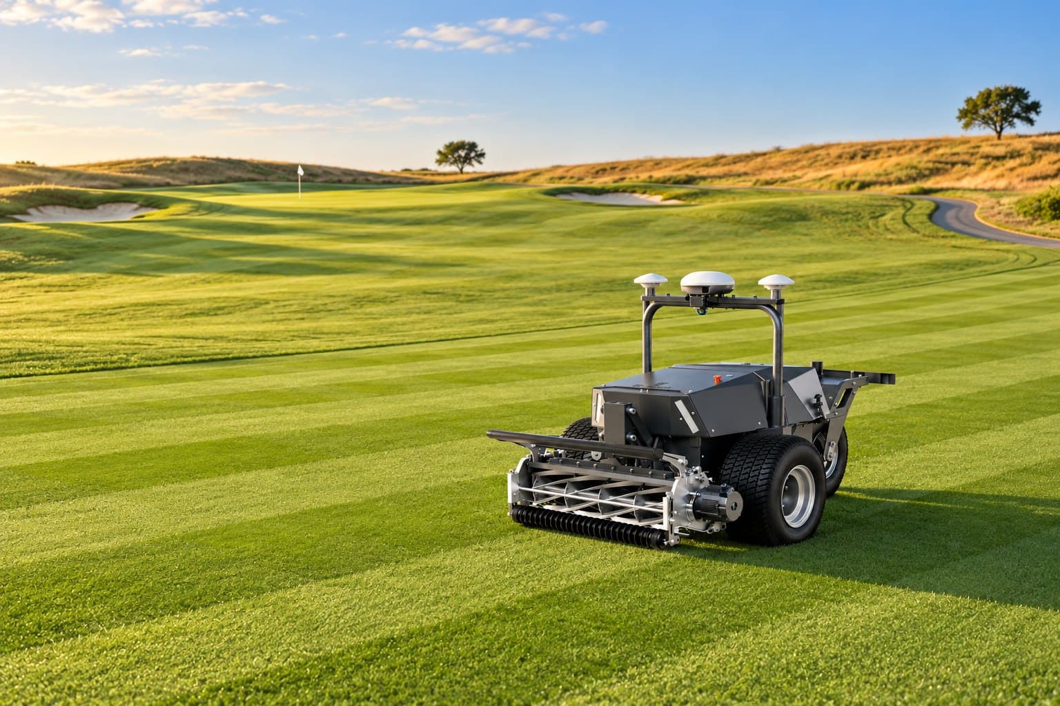 An autonomous reel mower crossing a rolling fairway