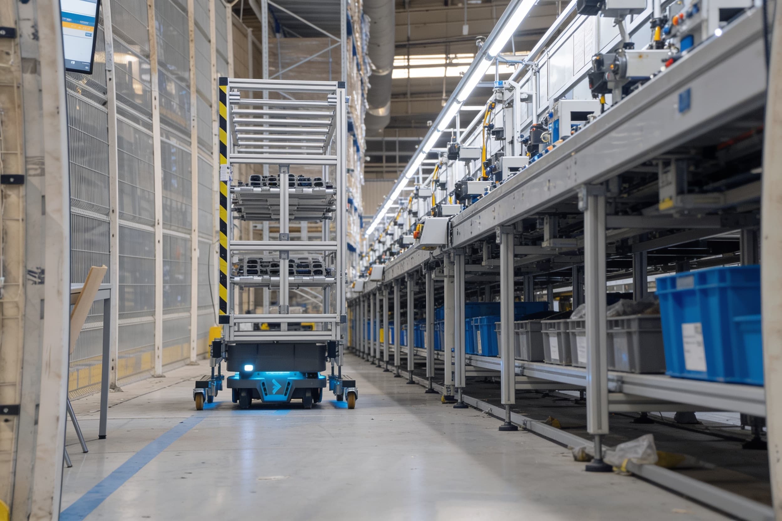 Mobile robot transporting a parts cart beside an assembly line