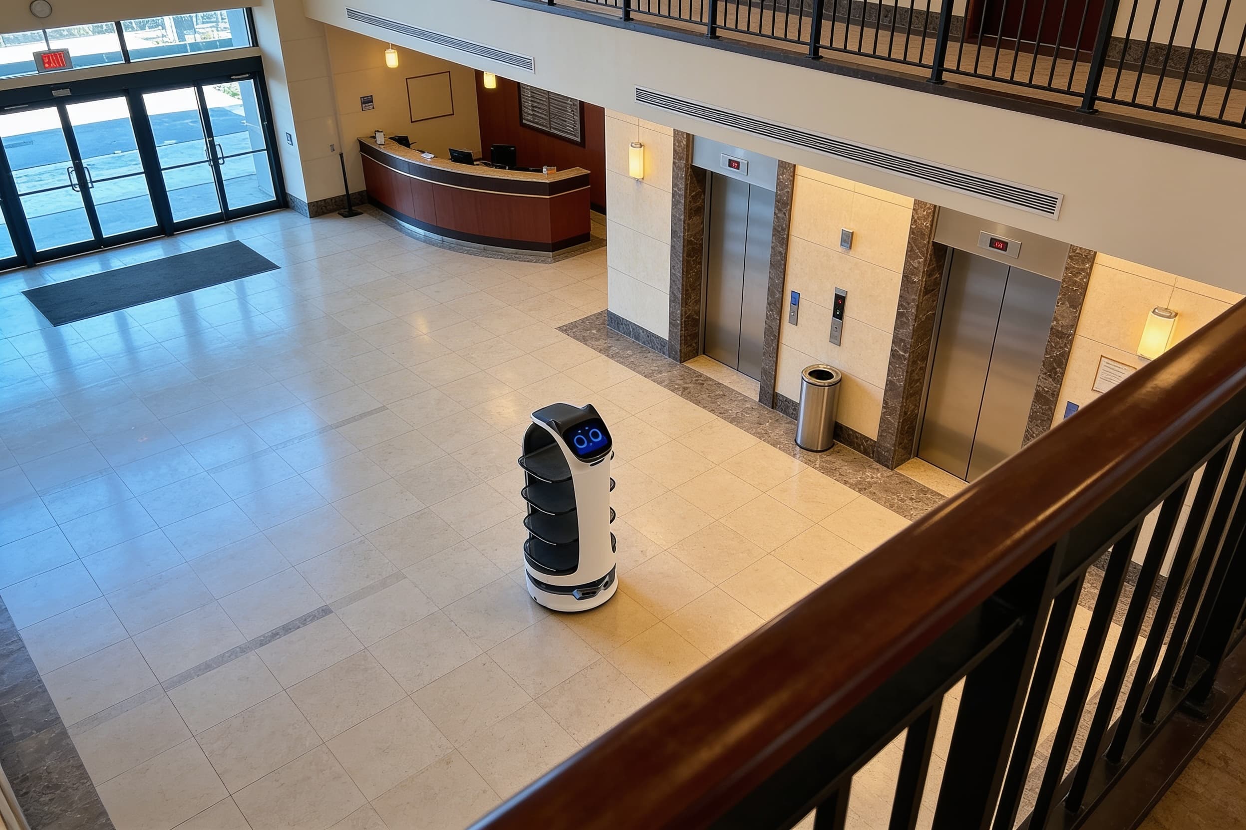Delivery robot in a hotel lobby near the elevators