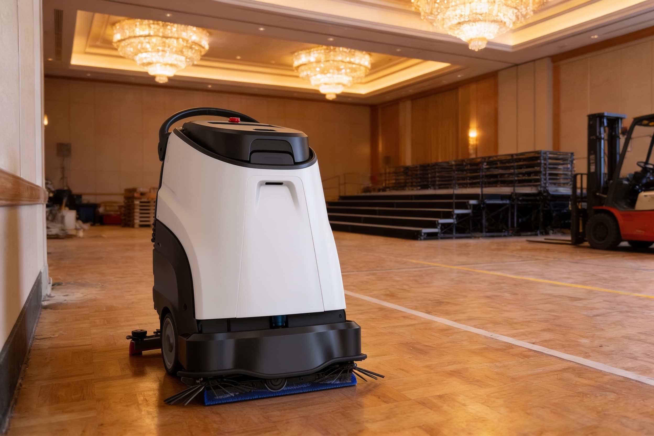 Floor scrubber on a hotel grand-ballroom parquet during setup