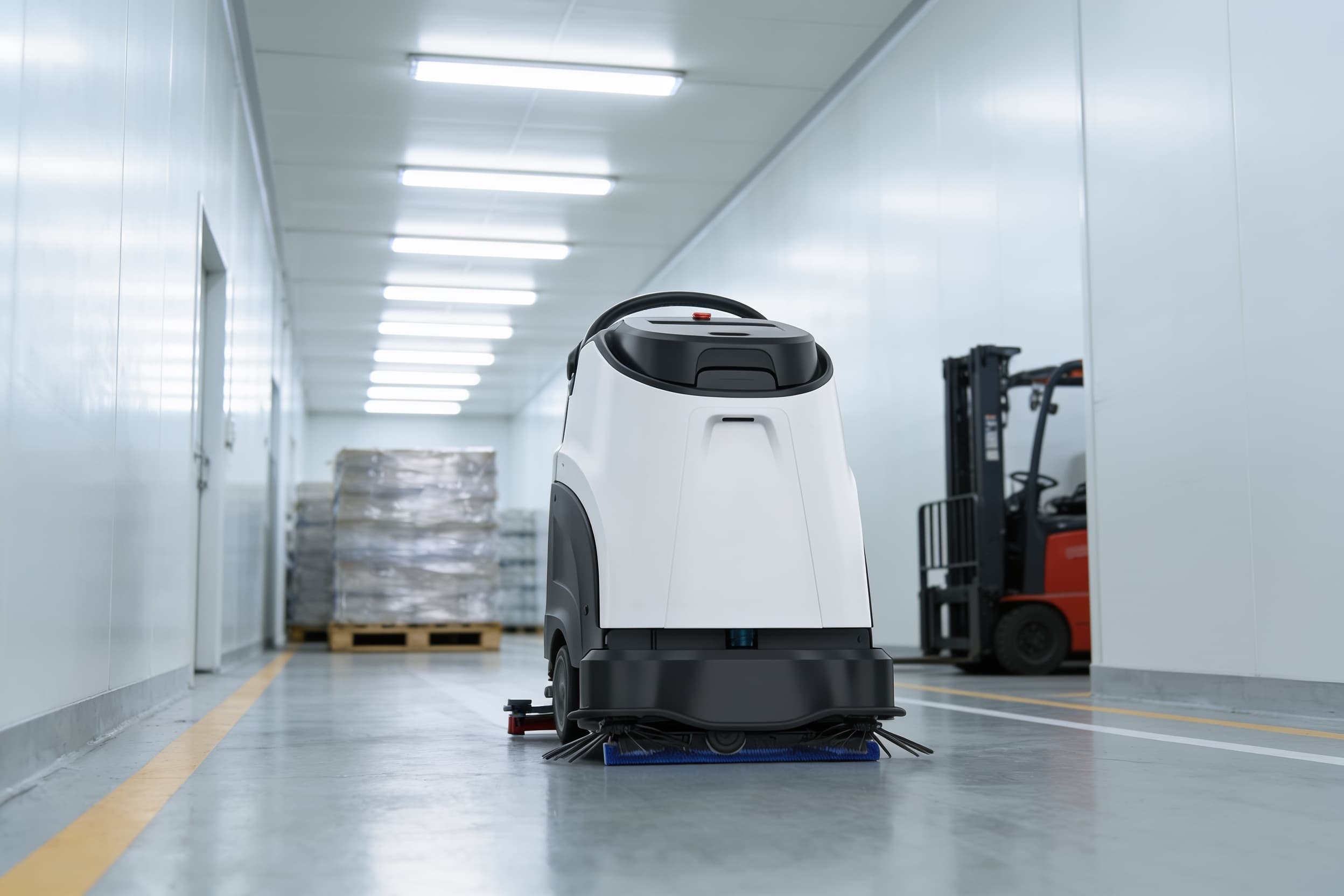 Floor scrubber on a sterile clean-corridor floor