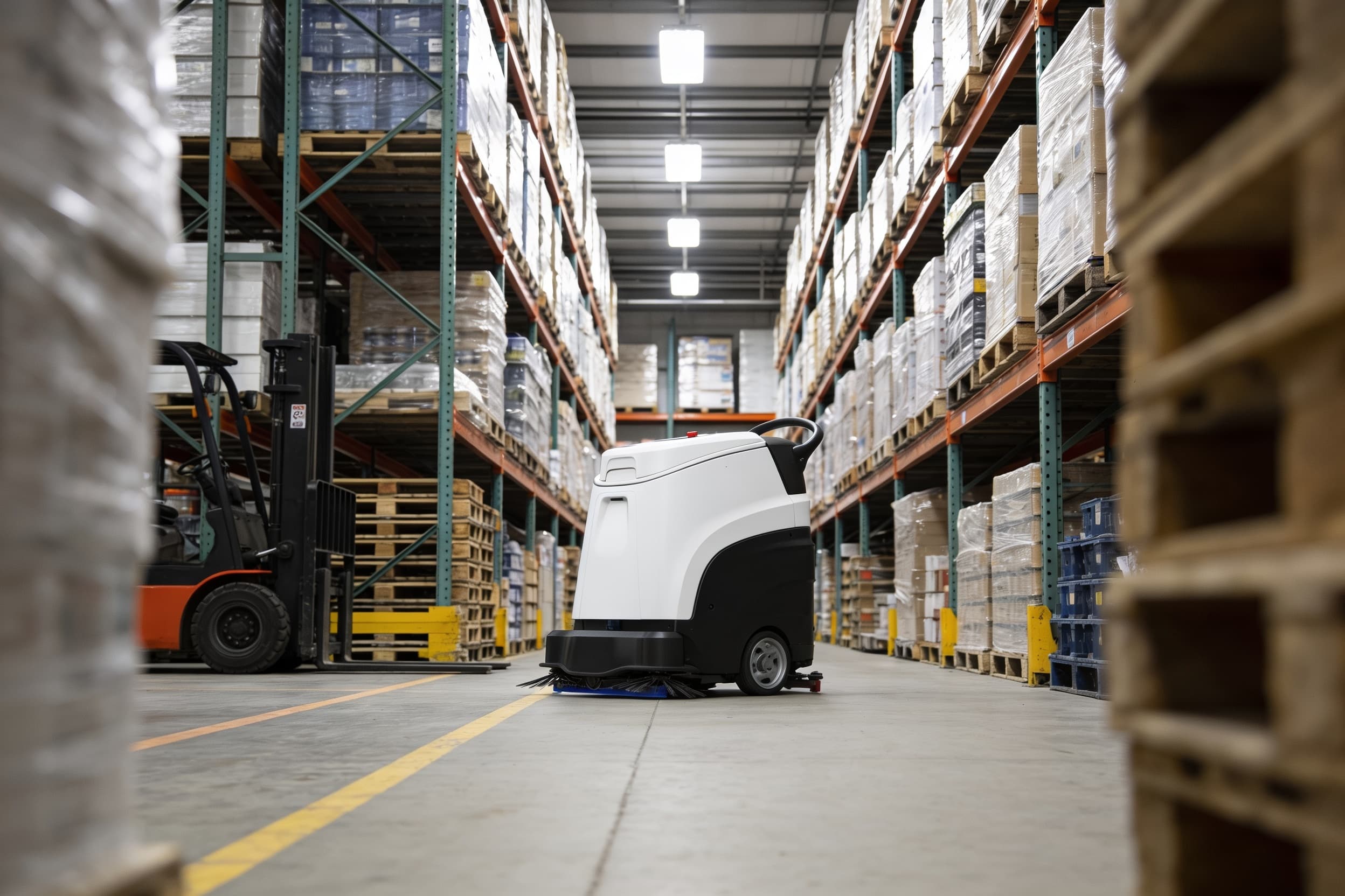 A floor scrubber working a back stockroom between pallet racks