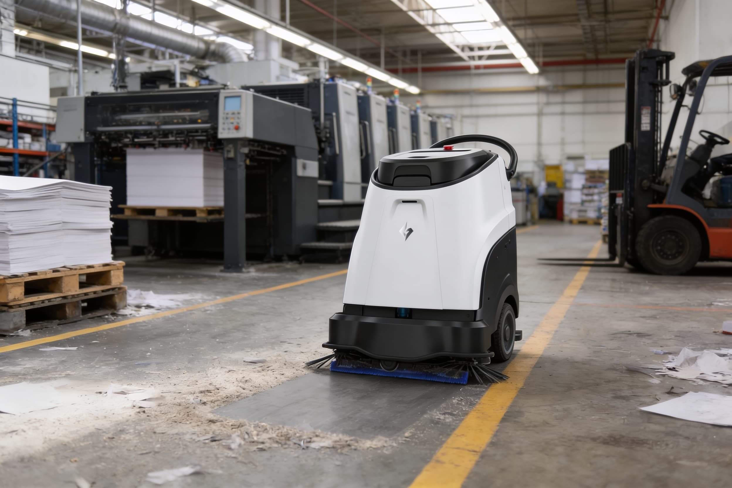 A floor-cleaning robot working the floor of a printing plant near the press line on the day shift