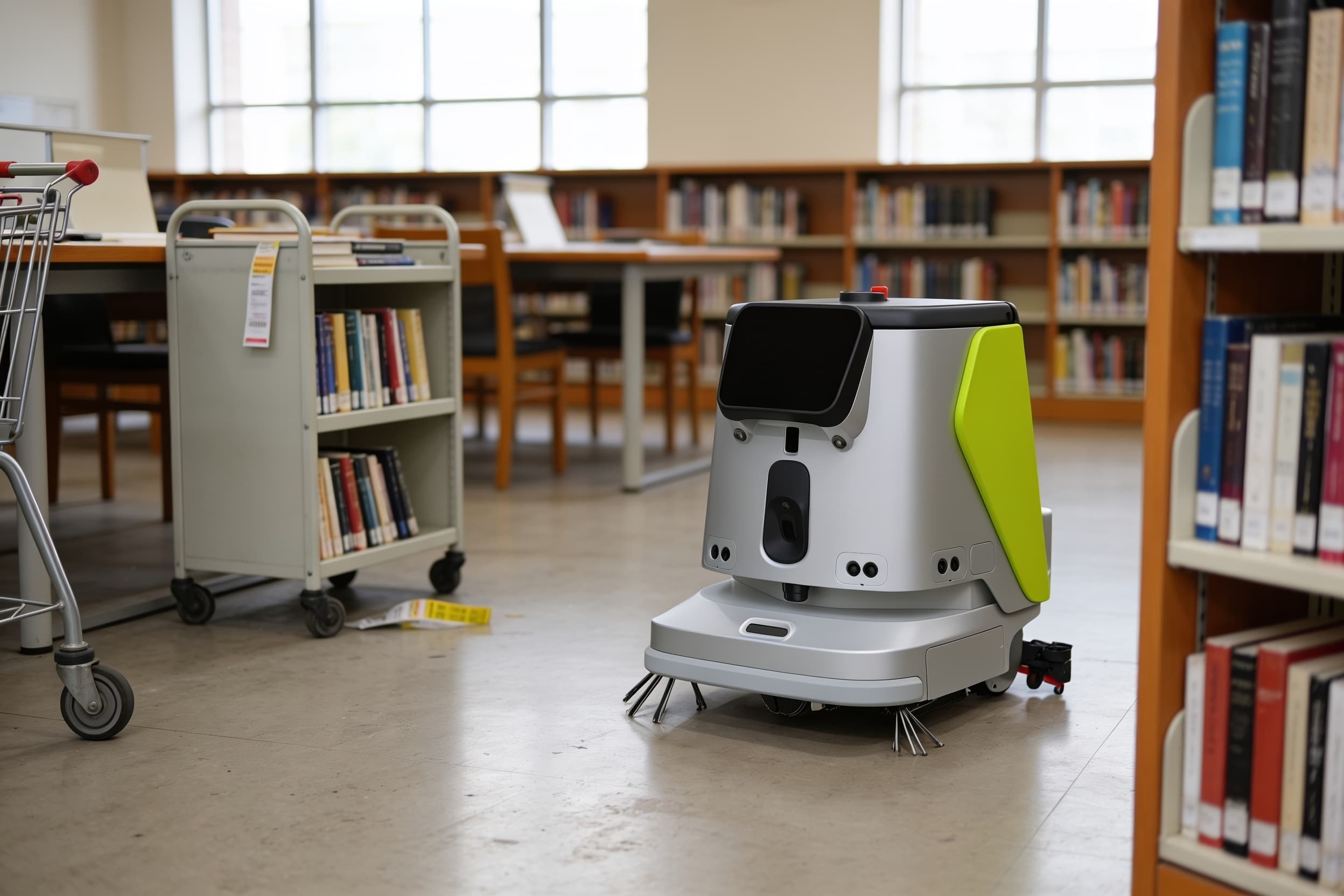 Pudu CC1 service robot — buffing the floor of a university library reading room, study tables and a book cart, quiet afternoon light through high windows