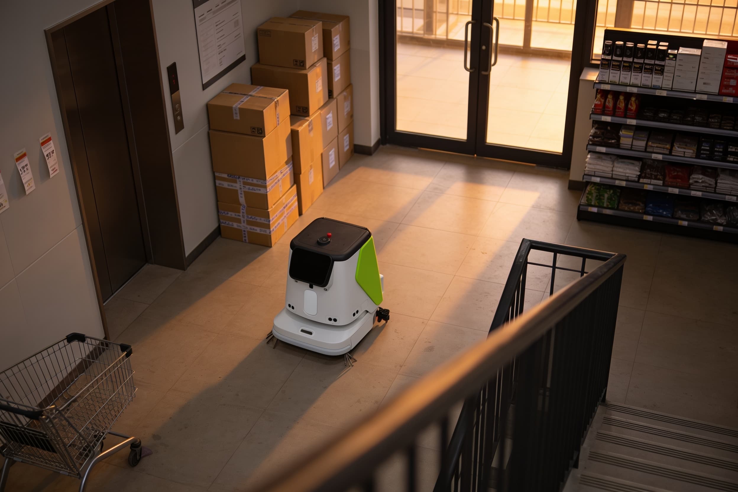 A compact cleaning robot buffing a building lobby in the early evening