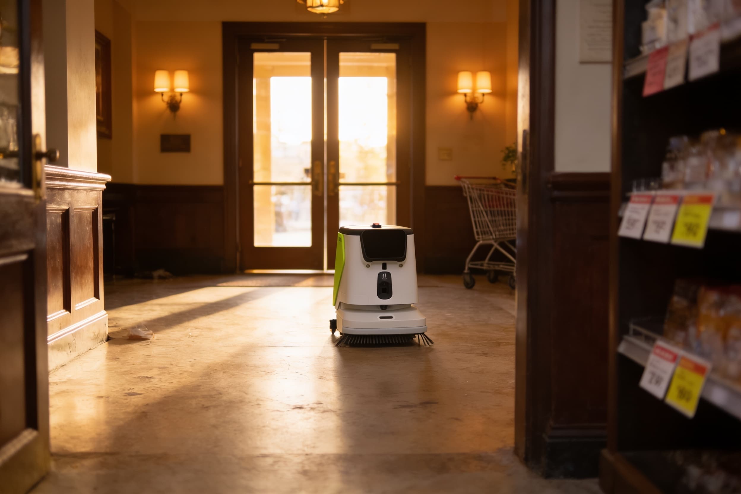 A floor-cleaning robot buffing the marble floor of a boutique hotel lobby at early morning