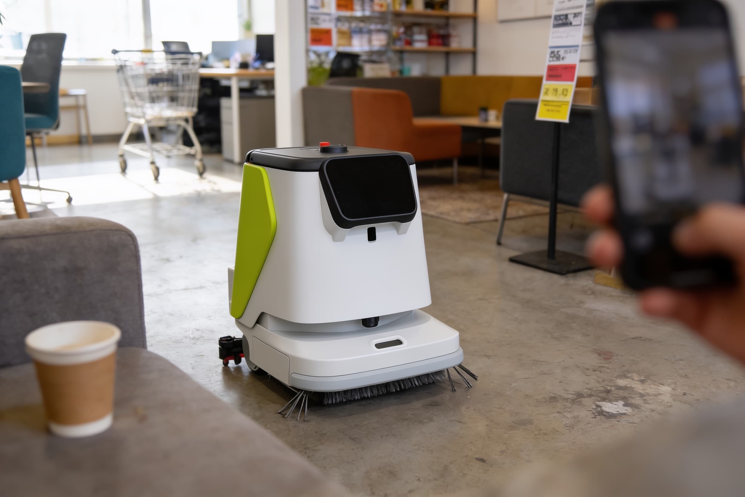 Compact cleaning robot on a coworking-space concrete floor