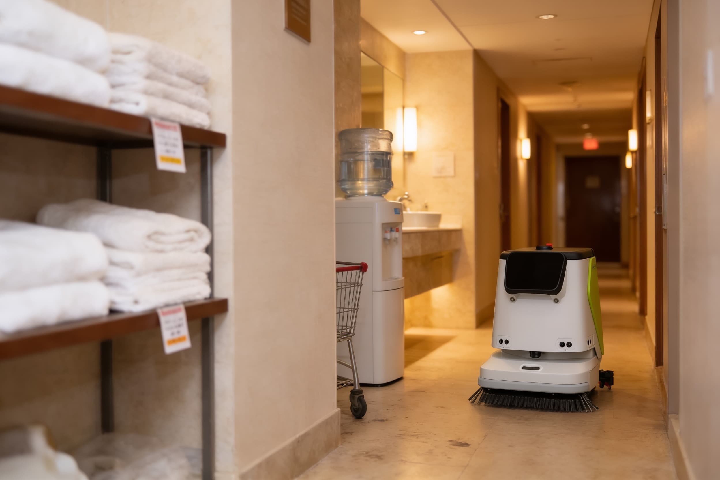 A floor-cleaning robot cleaning a towel-lined locker-room corridor