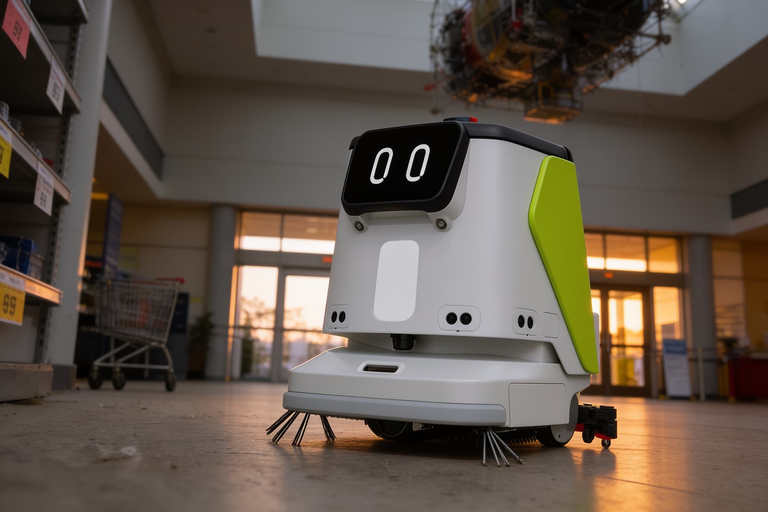 A compact cleaning robot working a glass entry hall at dawn