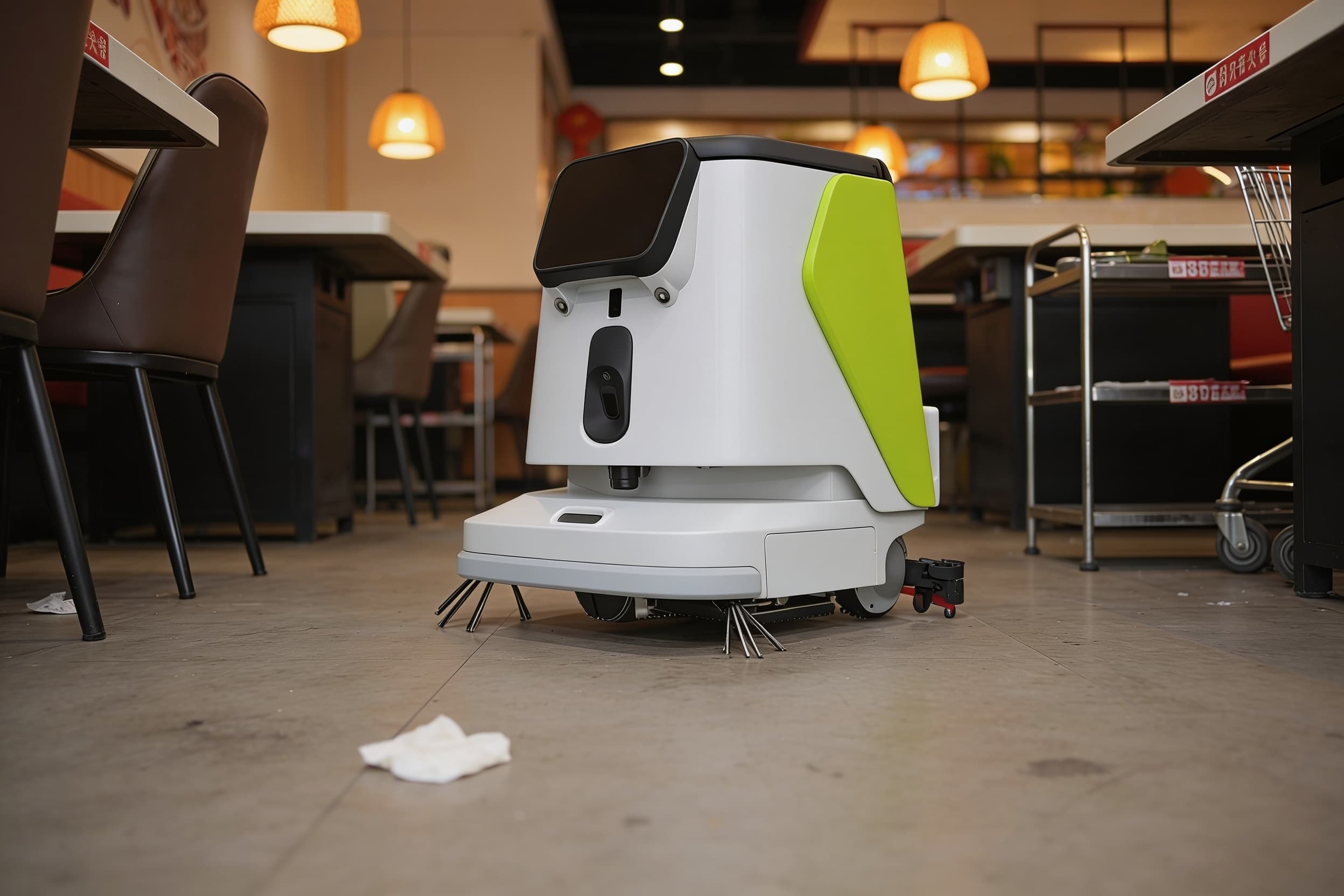 A compact cleaning robot working a restaurant floor between services