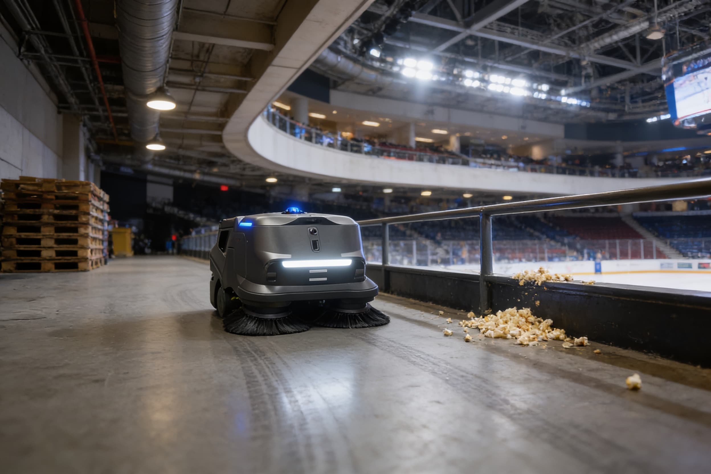 A floor-cleaning robot running the upper concourse of a sports arena between events
