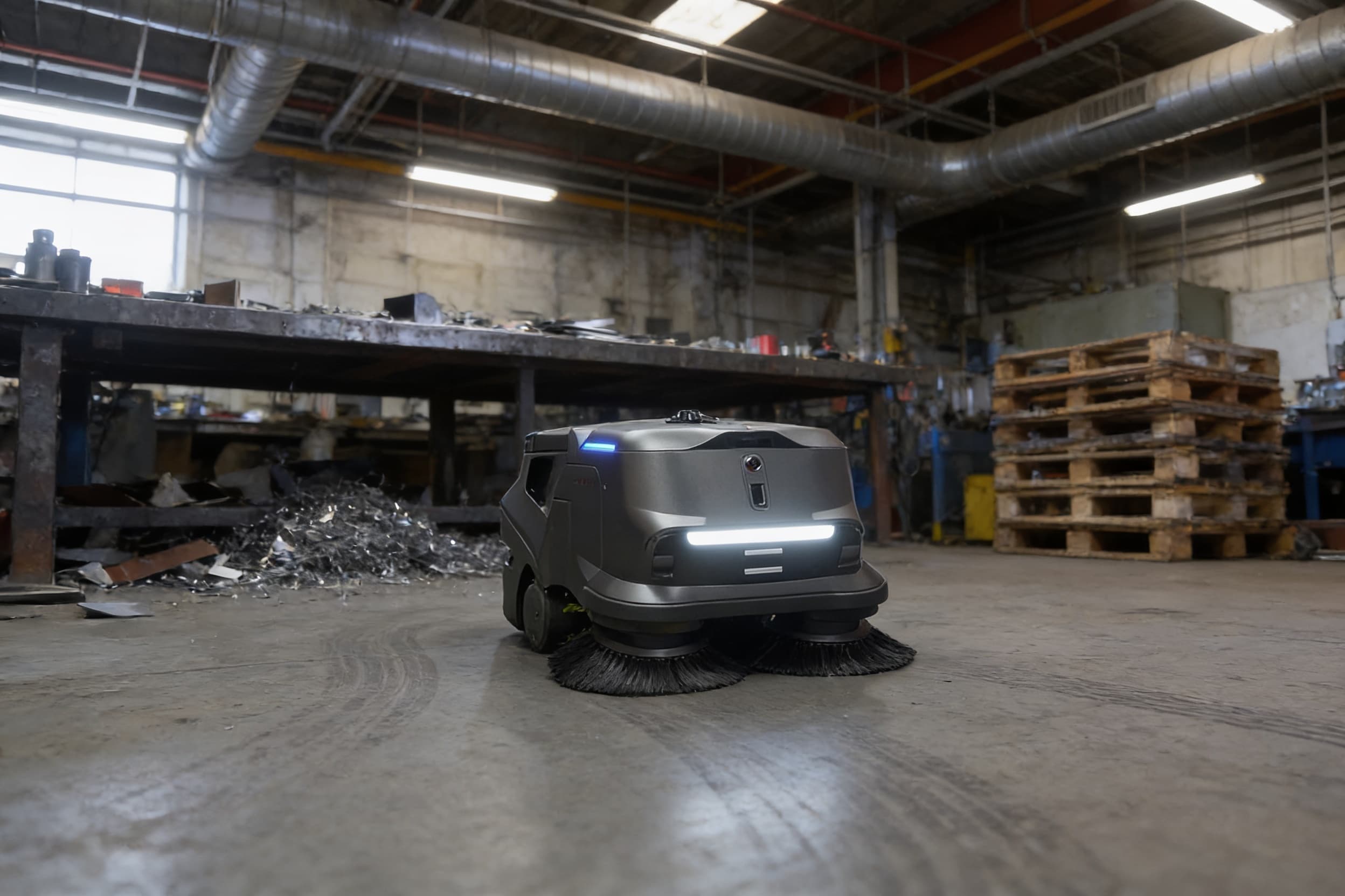 Sweeper robot on a metal-fabrication shop floor