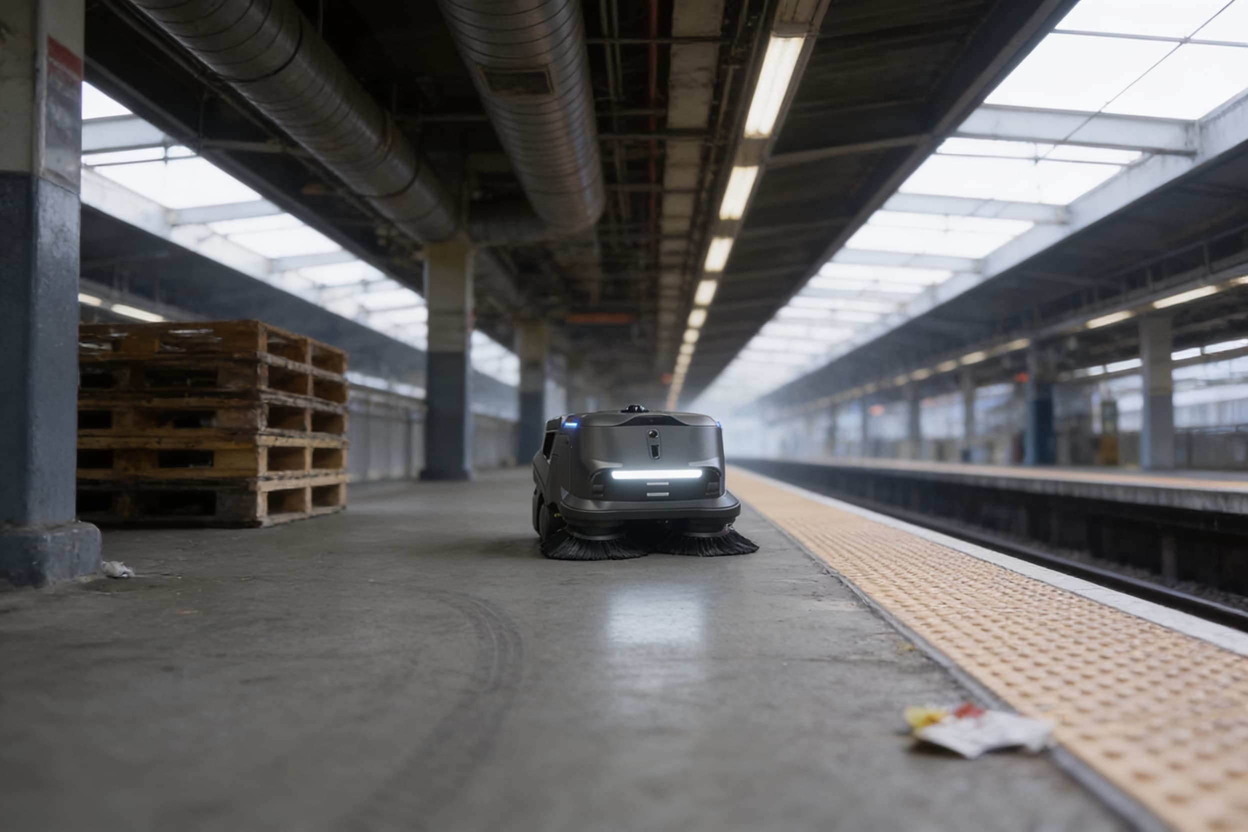 Sweeper robot on a subway platform off-peak