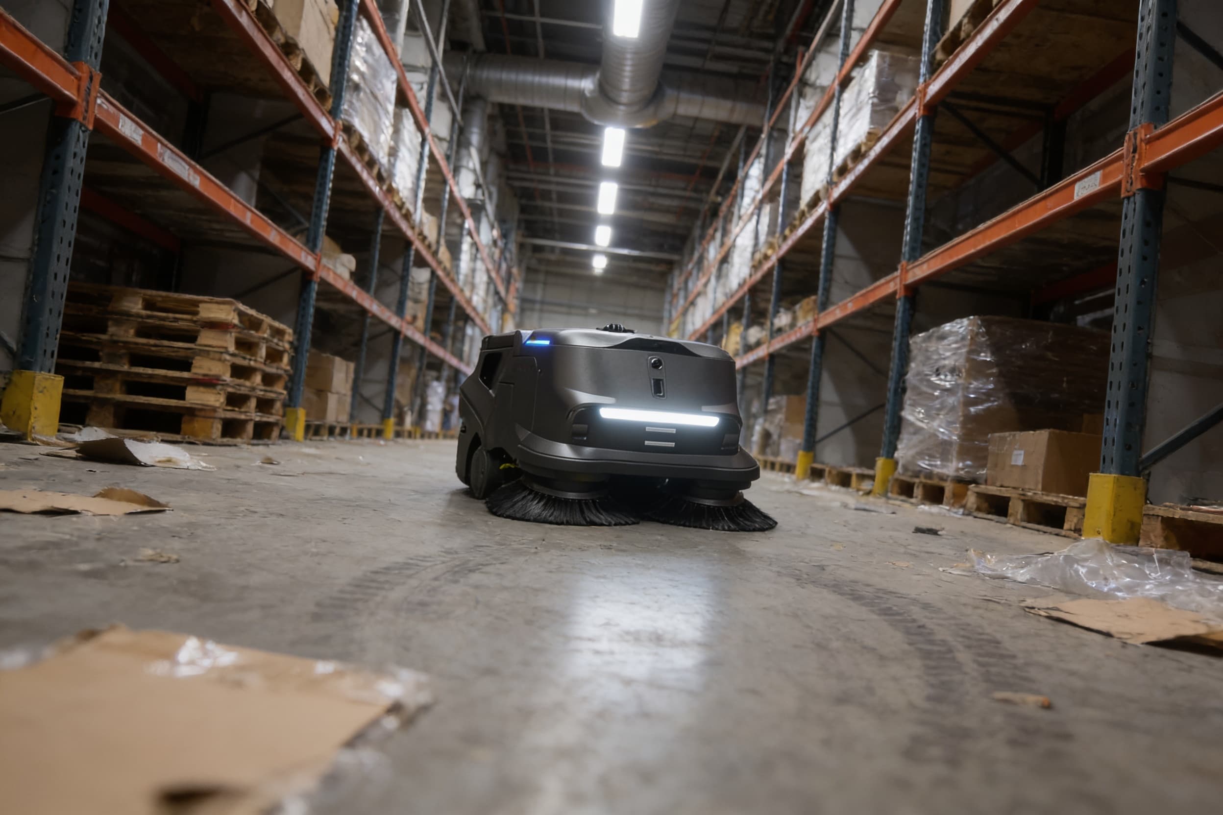 Sweeper robot in a warehouse aisle between tall racks