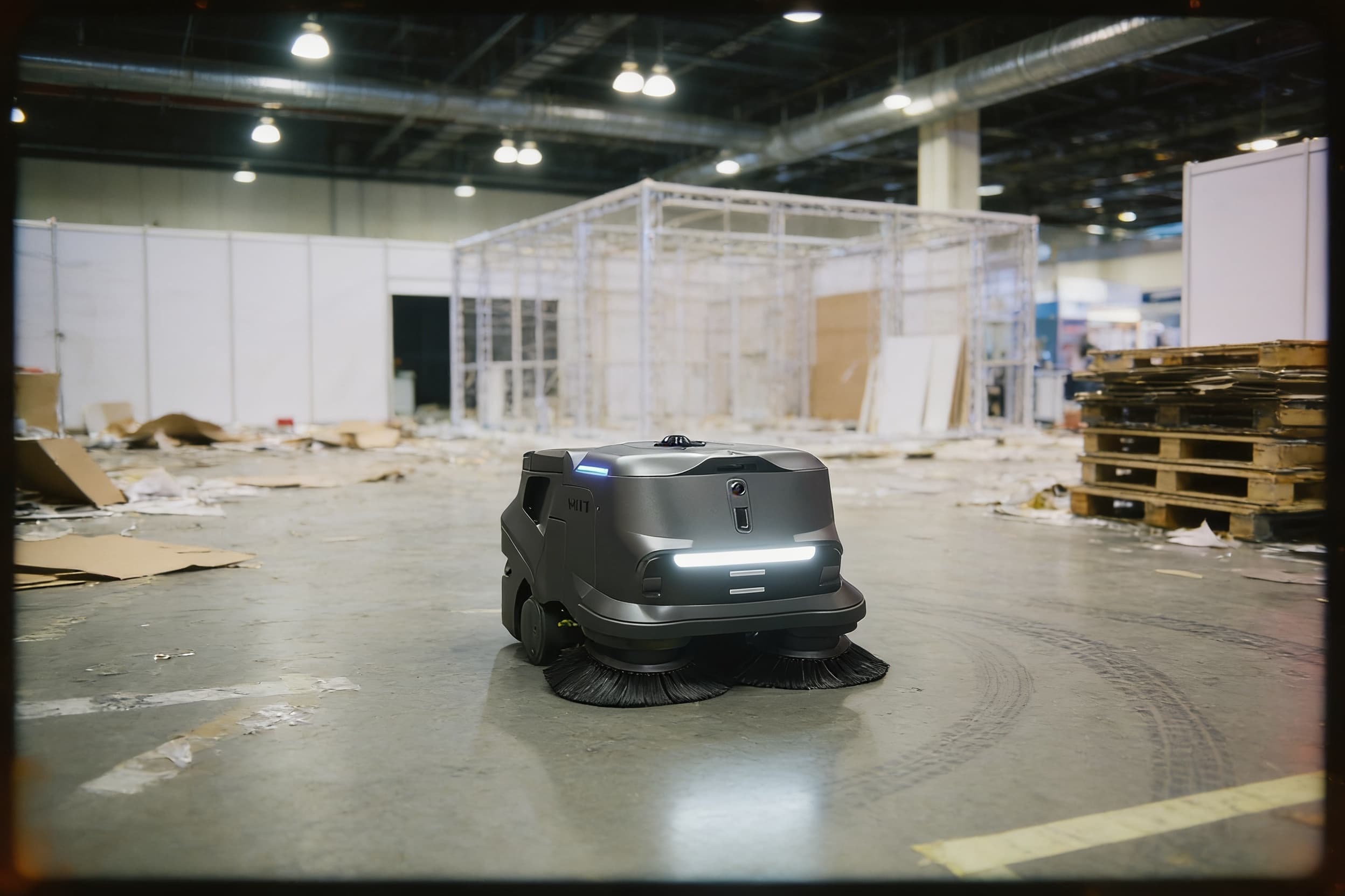 A floor-cleaning robot sweeping an exhibition hall during teardown