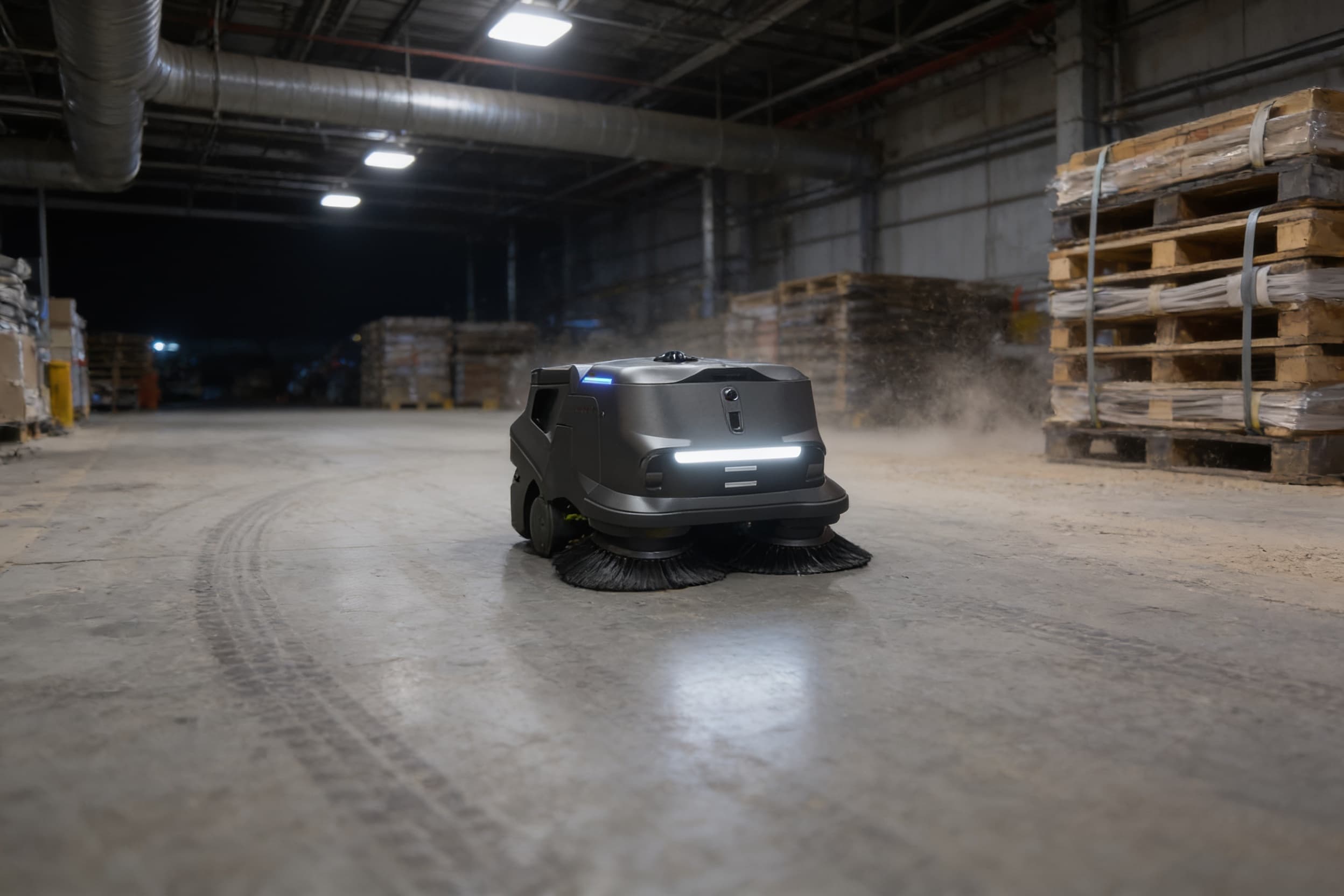 A compact sweeper covering a staging floor on the night shift