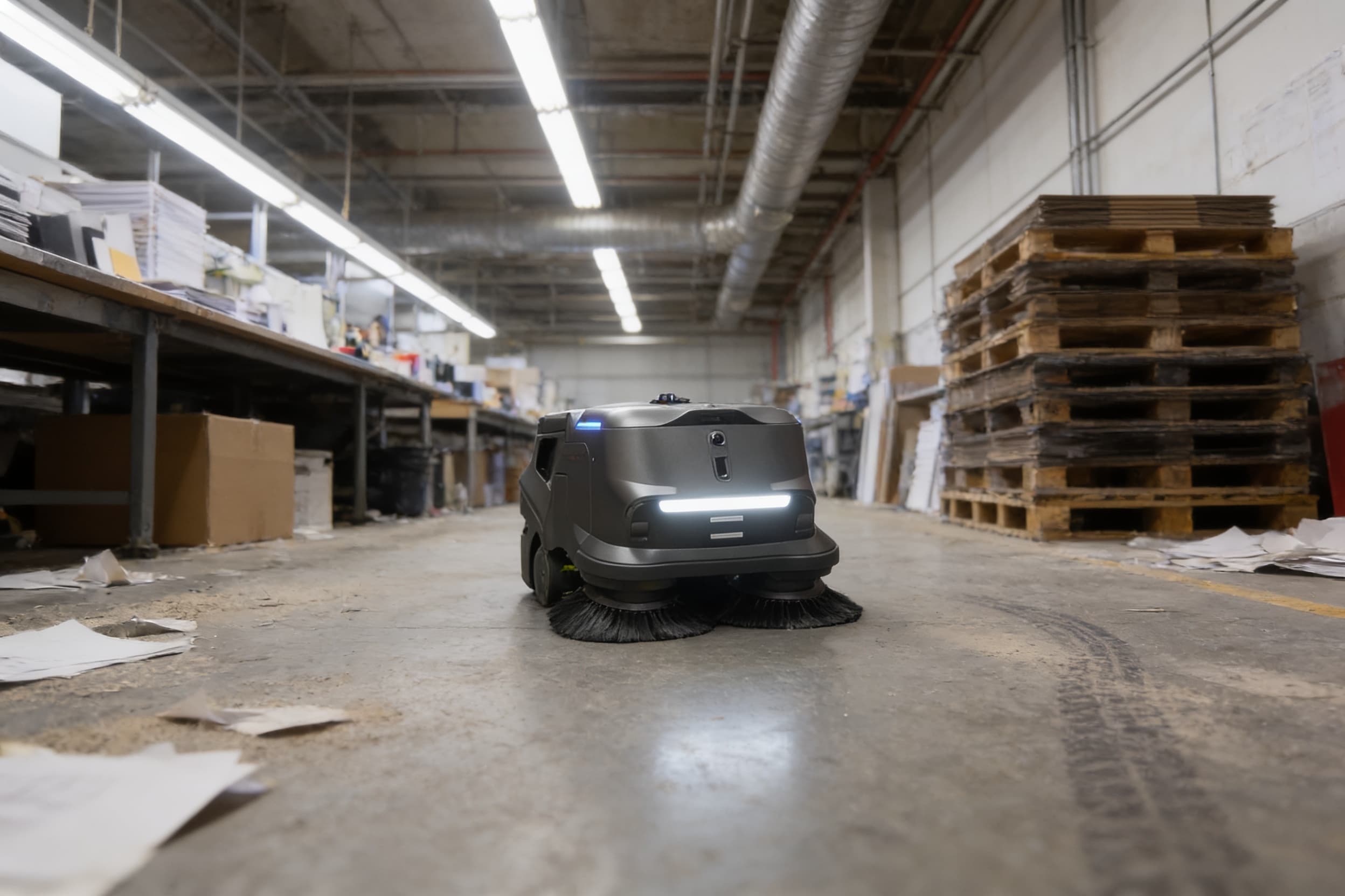 Sweeper robot in a print-and-ship facility near packing tables