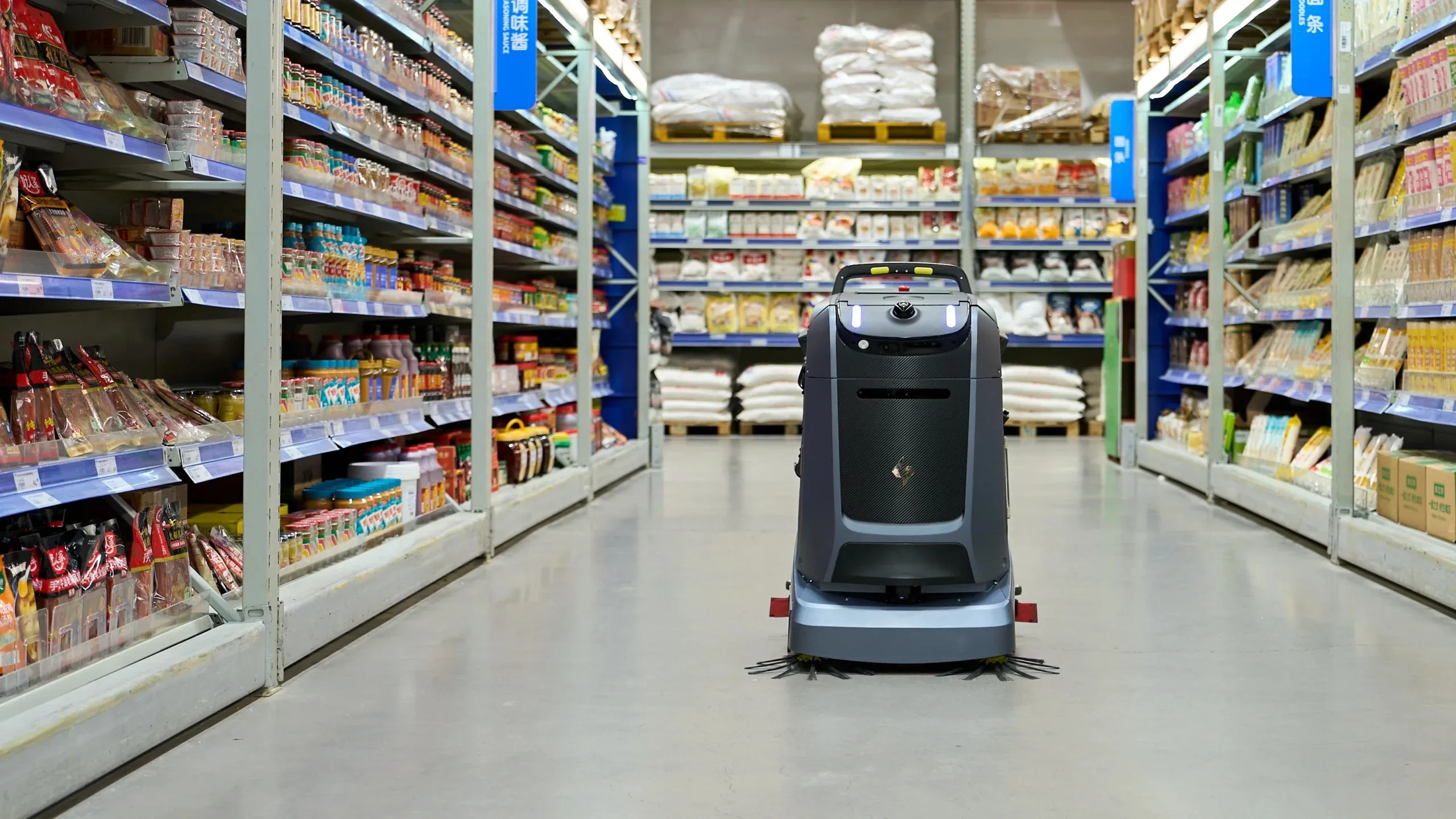 Gausium floor-cleaning robot in a real supermarket