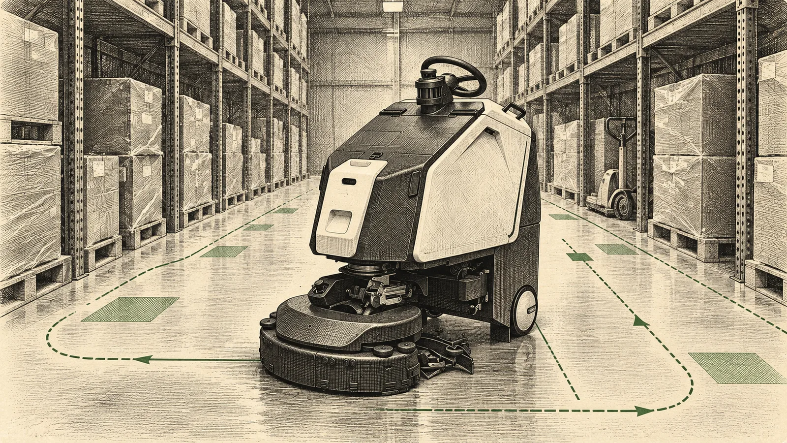 Engraved illustration of a floor scrubber following measured routes through a warehouse aisle