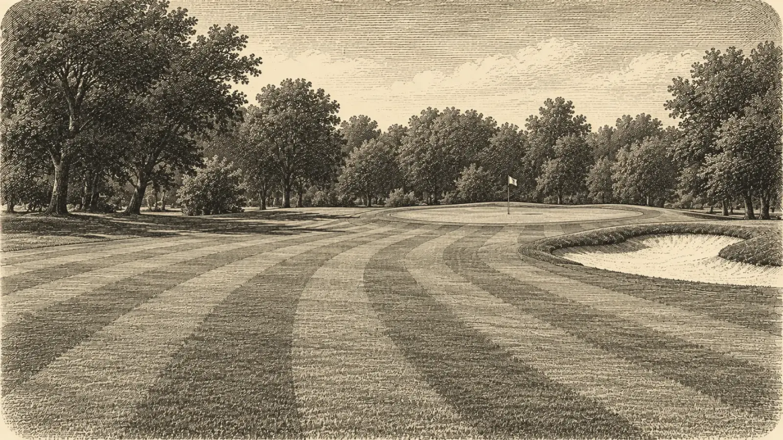 Engraved illustration of a striped fairway curving toward a green and flagstick
