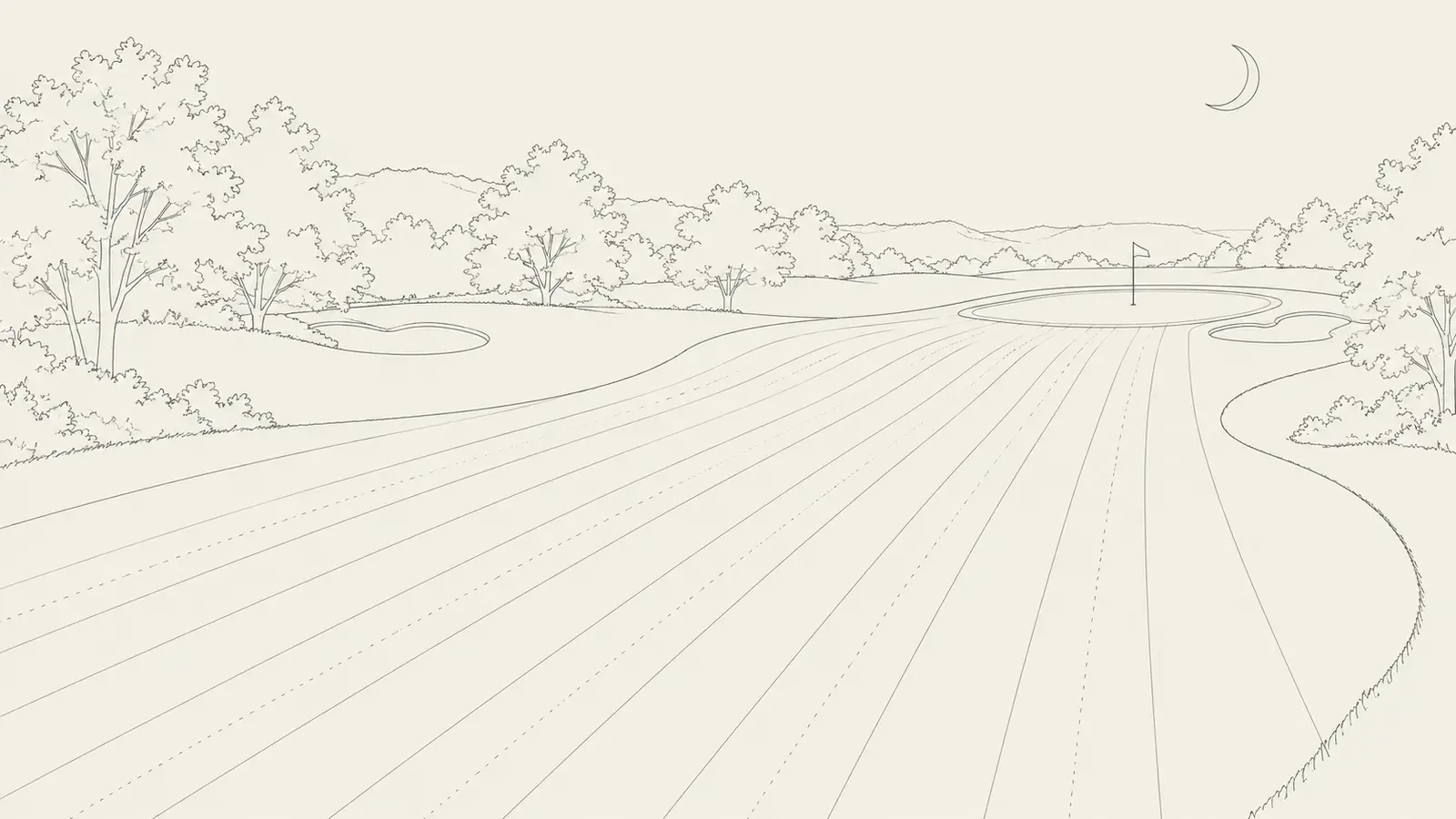 Line illustration of a fairway at night with evenly spaced mowing lines leading to a flagstick