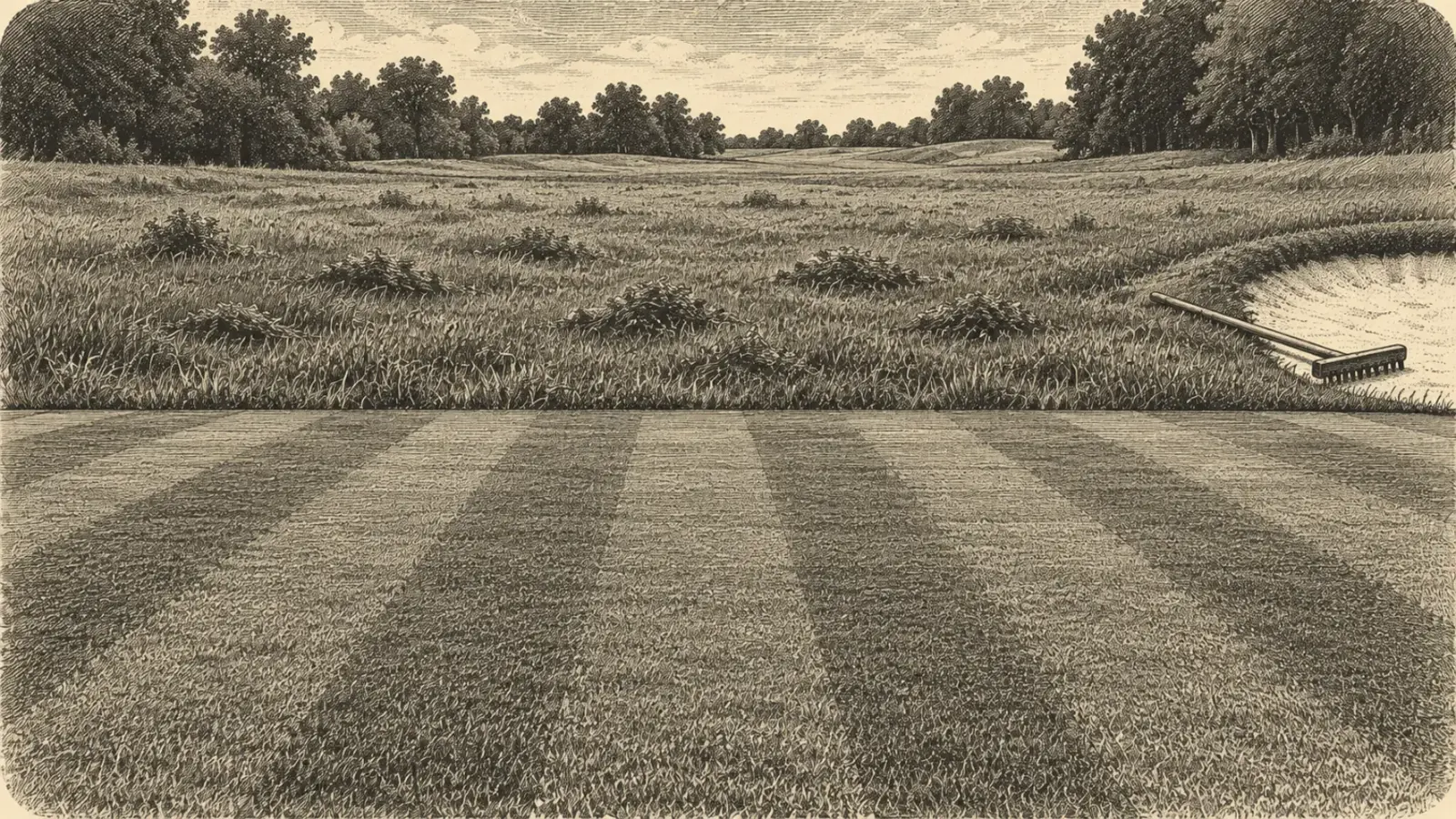 Engraved illustration of a fairway, neatly striped in the foreground and overgrown beyond, with a rake by a bunker