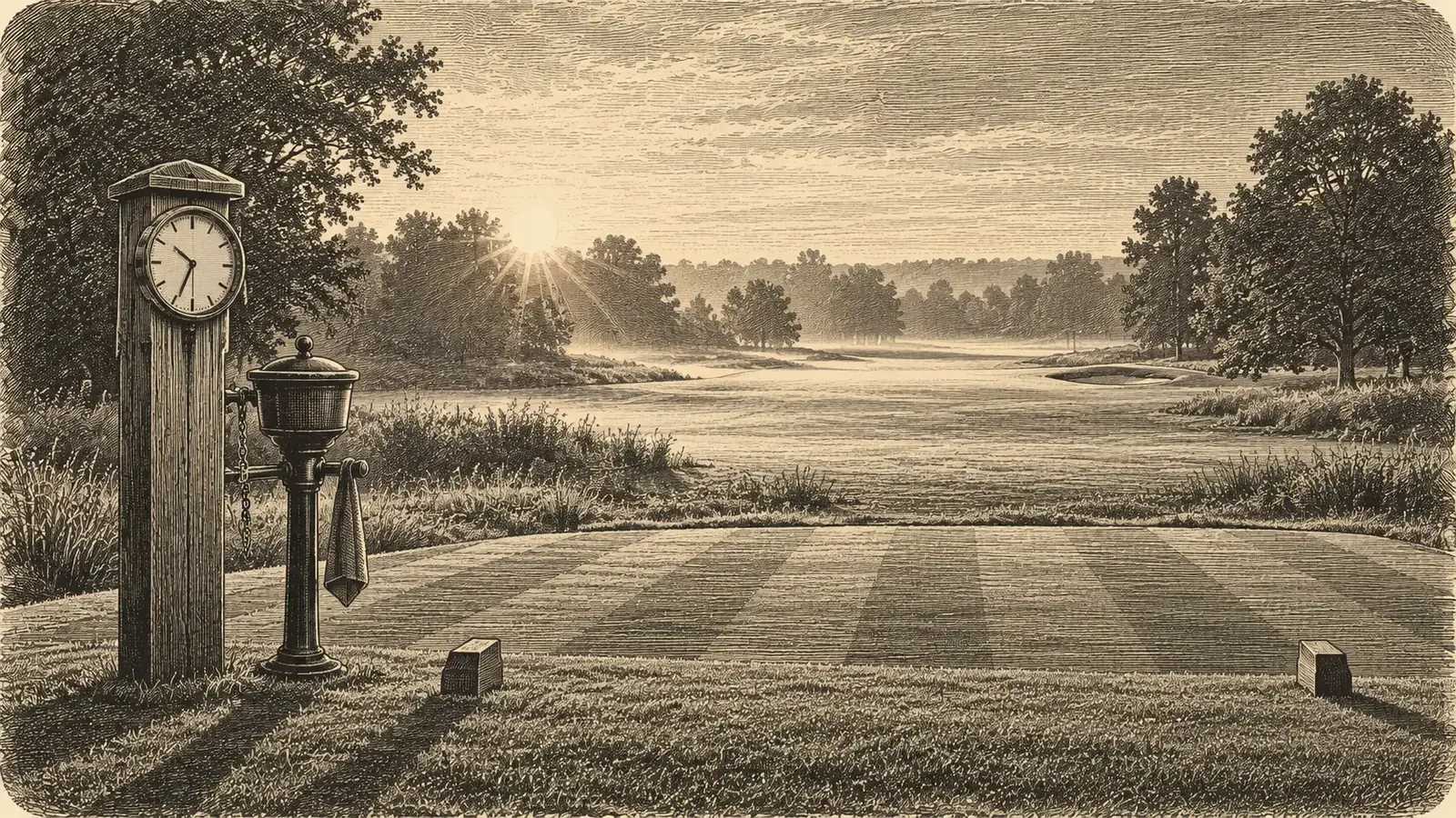 Engraved illustration of a first tee at sunrise, with a starter clock, a ball washer and mist over the fairway