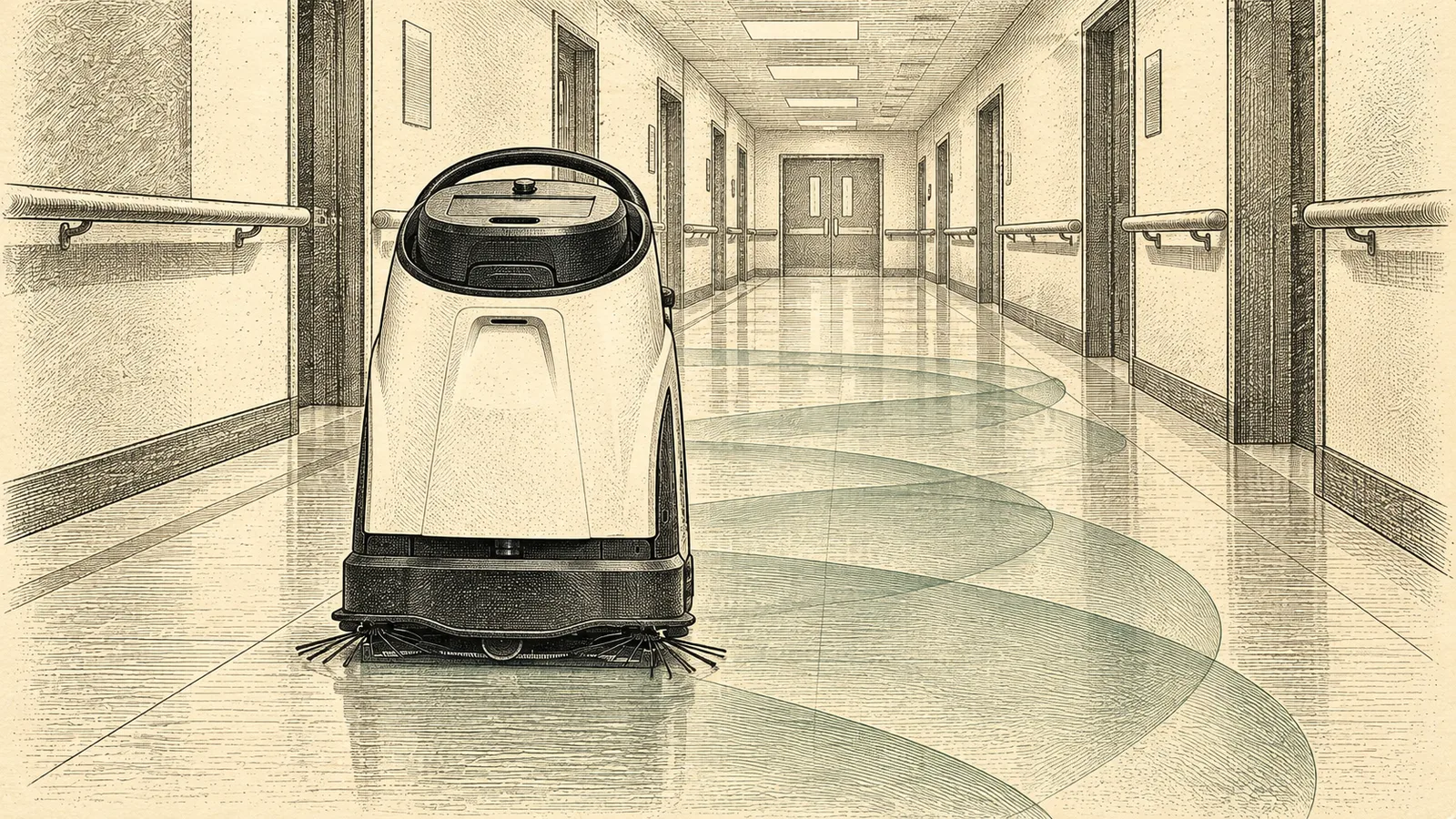 Engraved illustration of a compact floor cleaning robot in a hospital corridor
