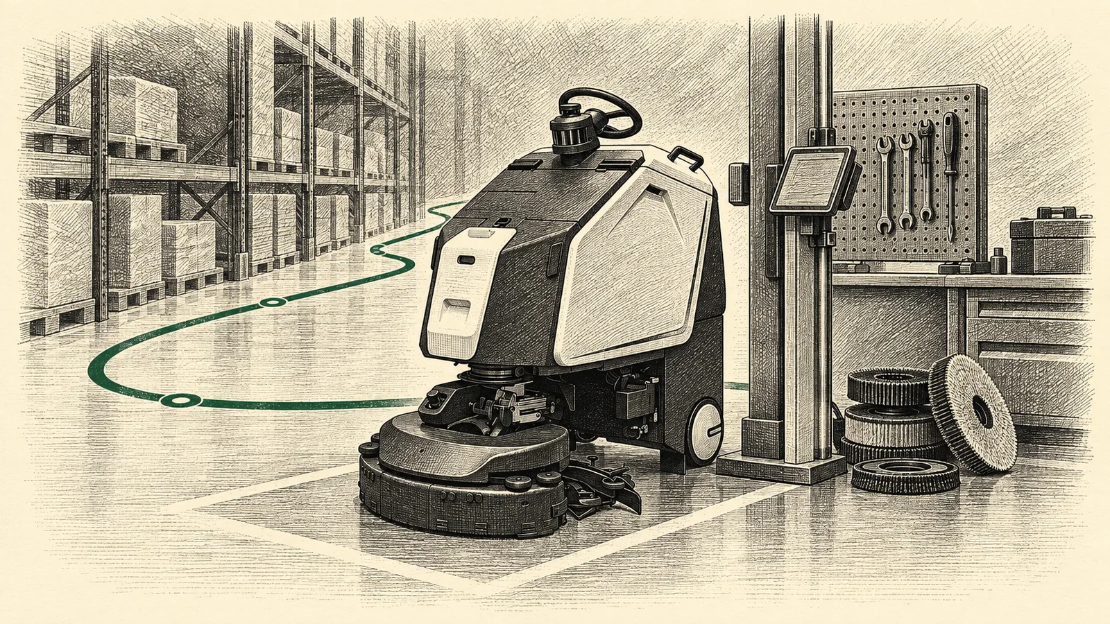 Engraved illustration of a commercial scrubber beside a maintenance station