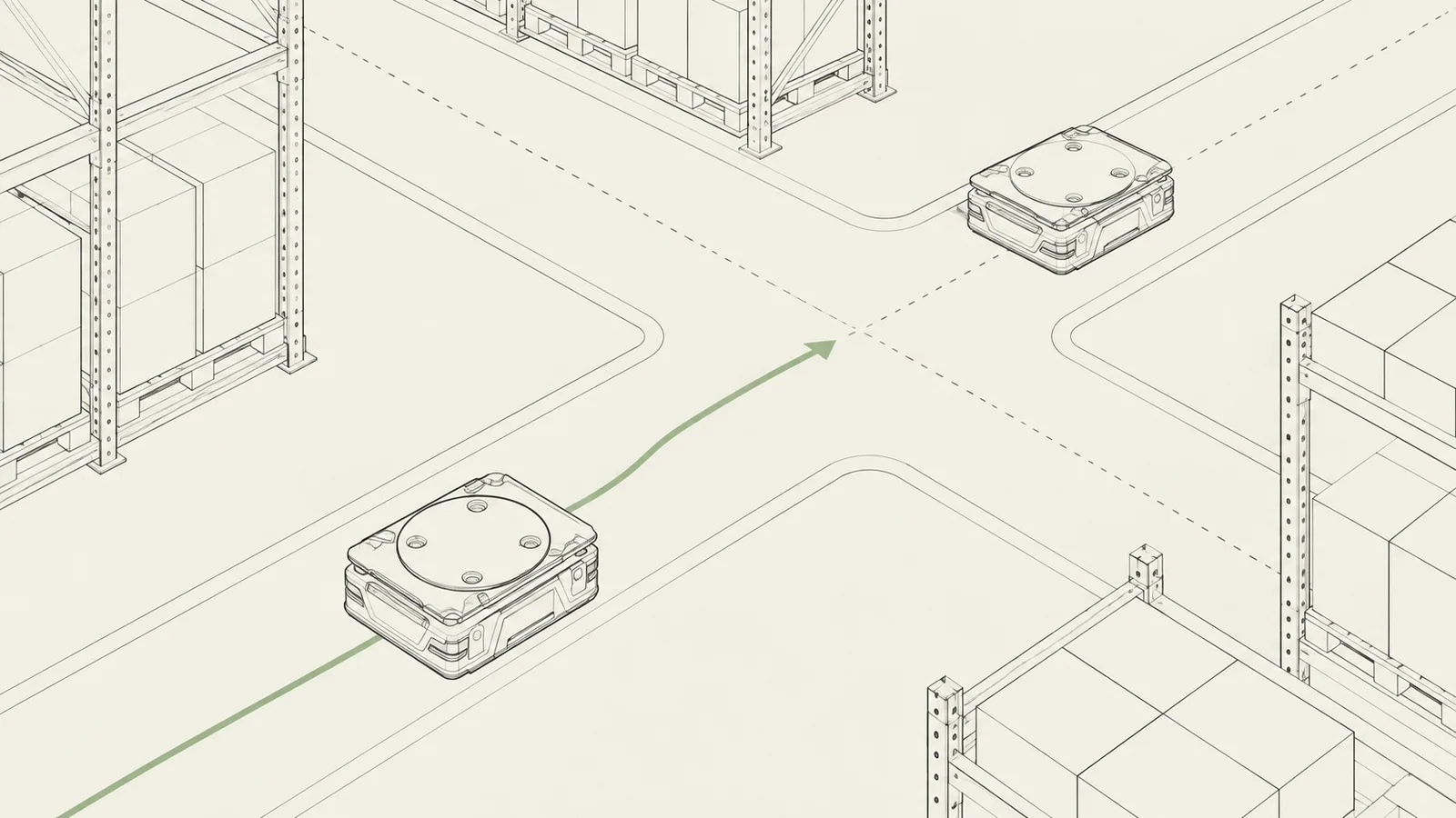 Line drawing of low profile mobile robots and crossing paths in a warehouse