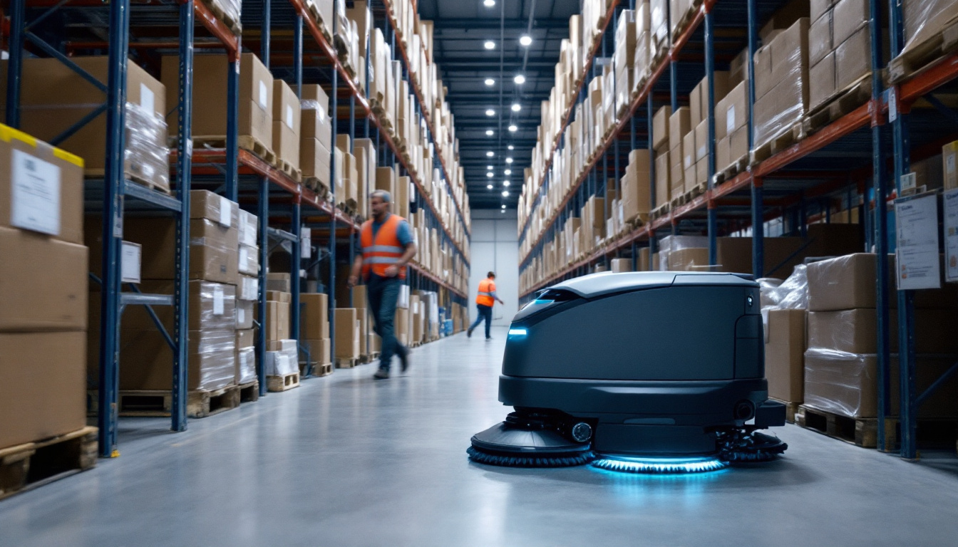 A commercial floor-scrubbing robot cleaning a warehouse aisle while staff work nearby